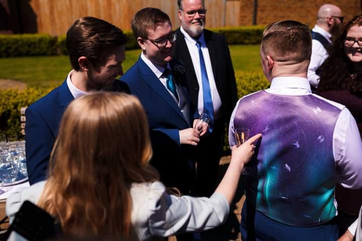 Bespoke Wedding Waistcoat, with custom graphic star wars/northern lights design printed onto duchess satin.