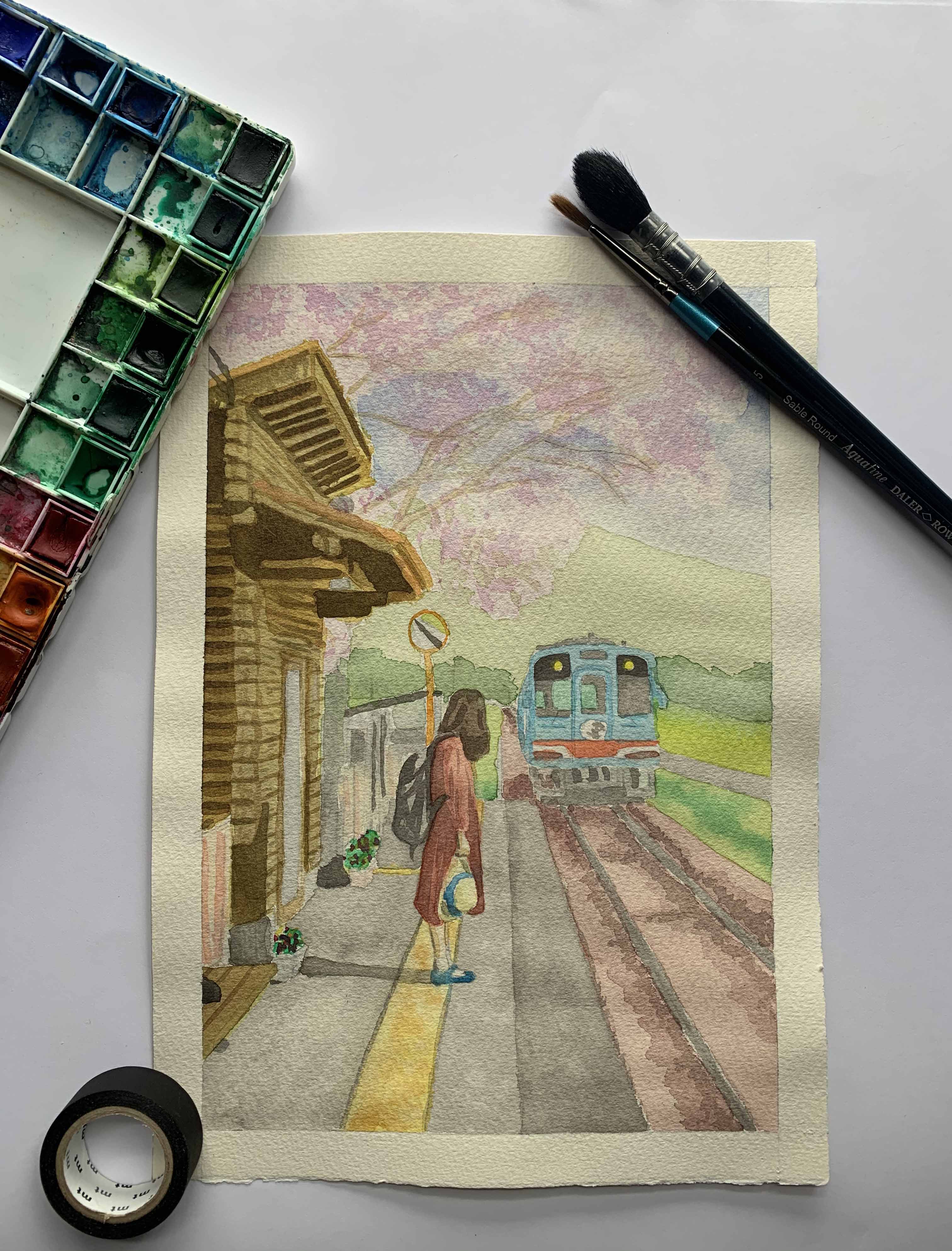 Korean train station watercolour.