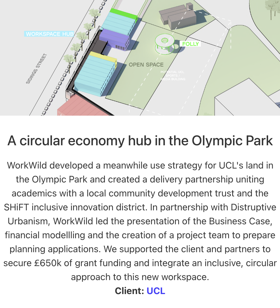 Architectural drawing showing proposed site layout of a circular economy hub in the Olympic Park. Text below describing our work supporting the set-up of The Loop