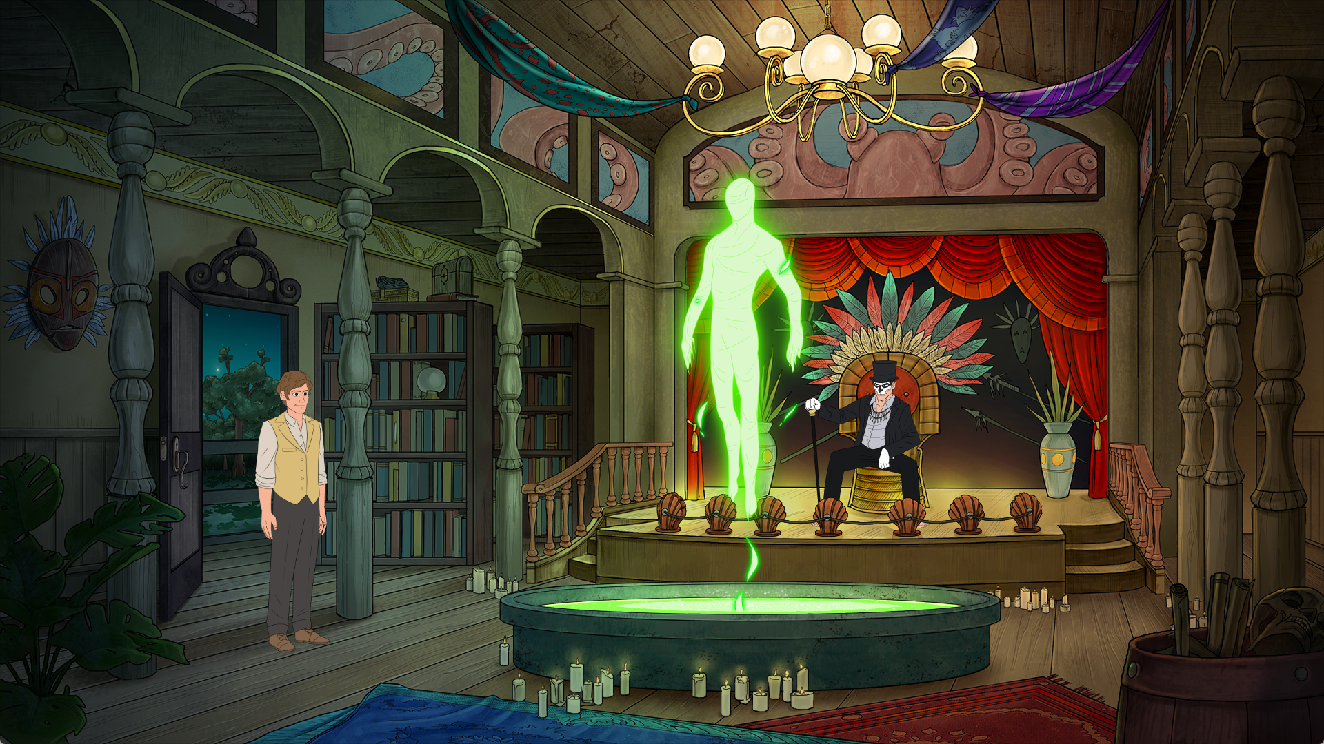 A green glowing human shape hovers in the air at a Man. 