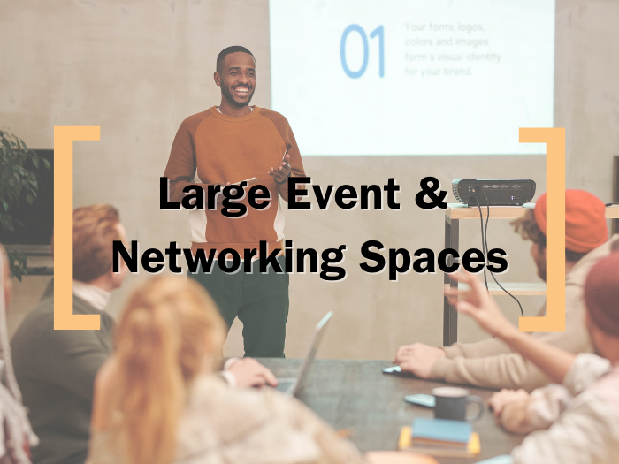 A faded background of a conference, over which text reads 'Large Events and Networking Spaces' in between the Creative Cardiff Brackets in Orange