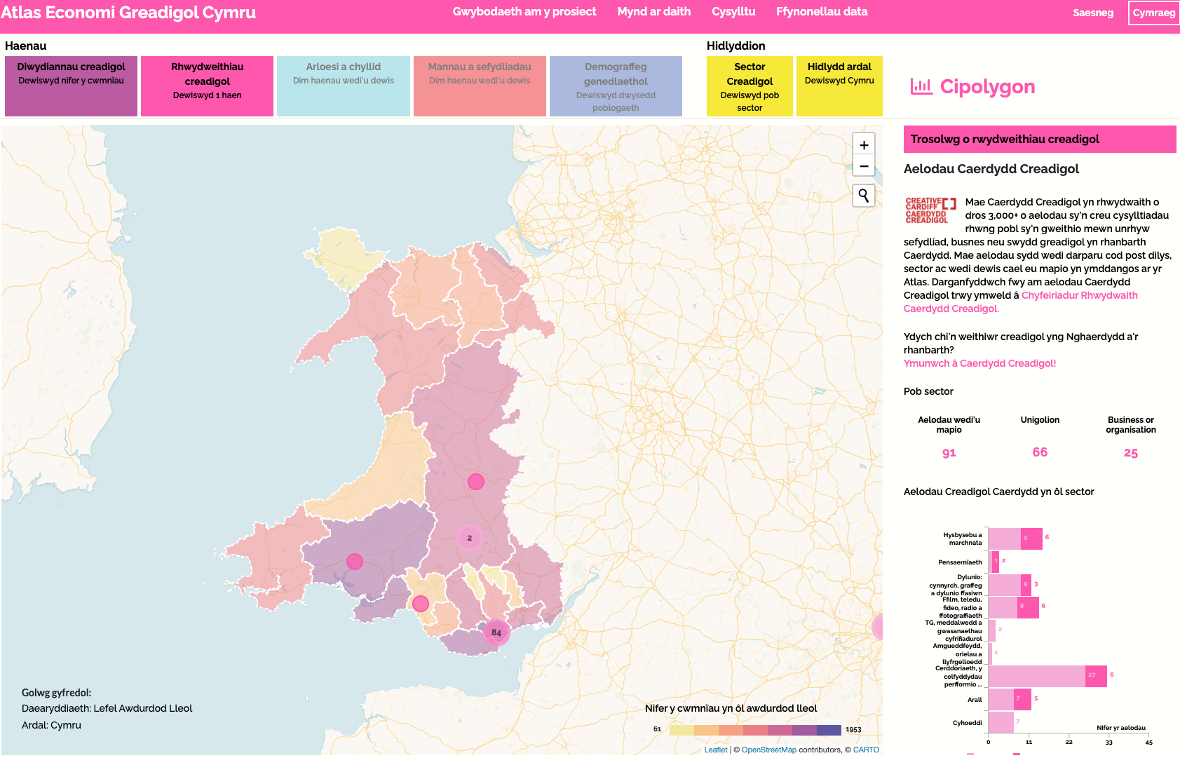 Map of Wales showing the Creative Cardiff network members layer of data