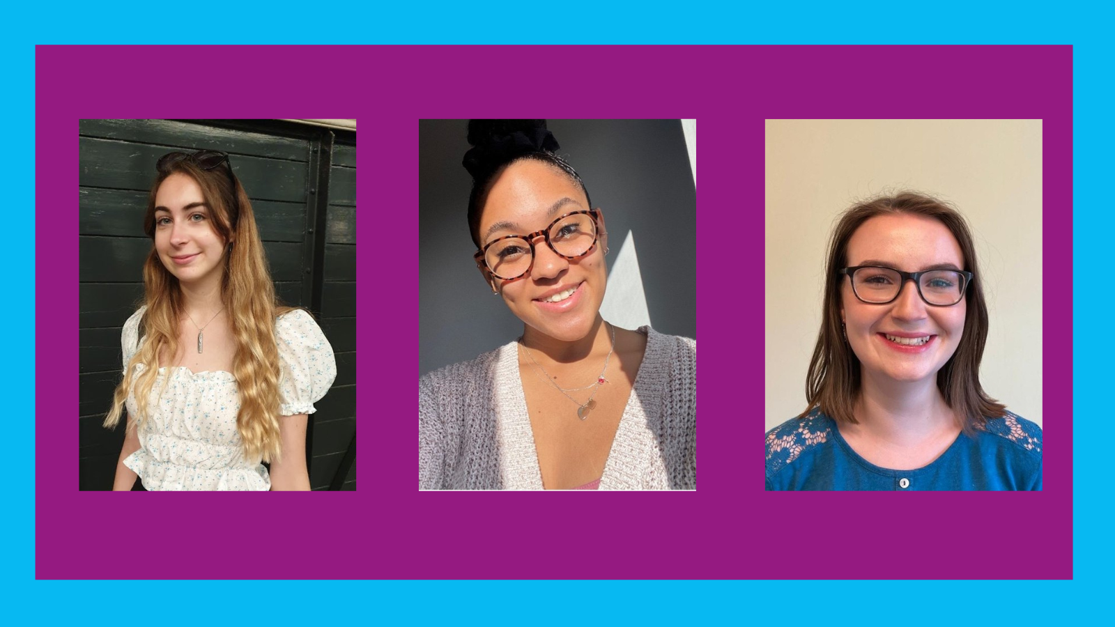 3 headshots of the student producers on a purple background with blue border