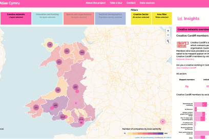 Map of Wales showing the Creative Cardiff network members layer