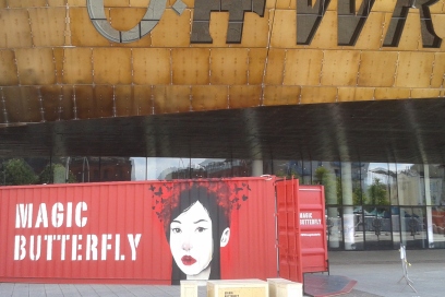 Magic Butterfly container outside Wales Millennium Centre