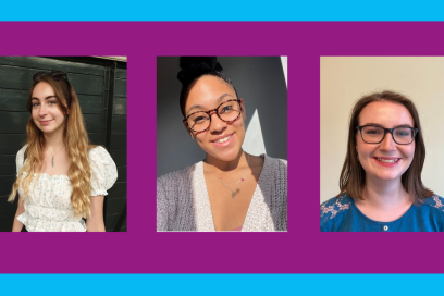 3 headshots of each student producer on a purple background and blue border