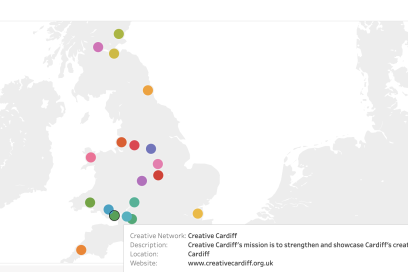 Map of the UK with pins for creative networks