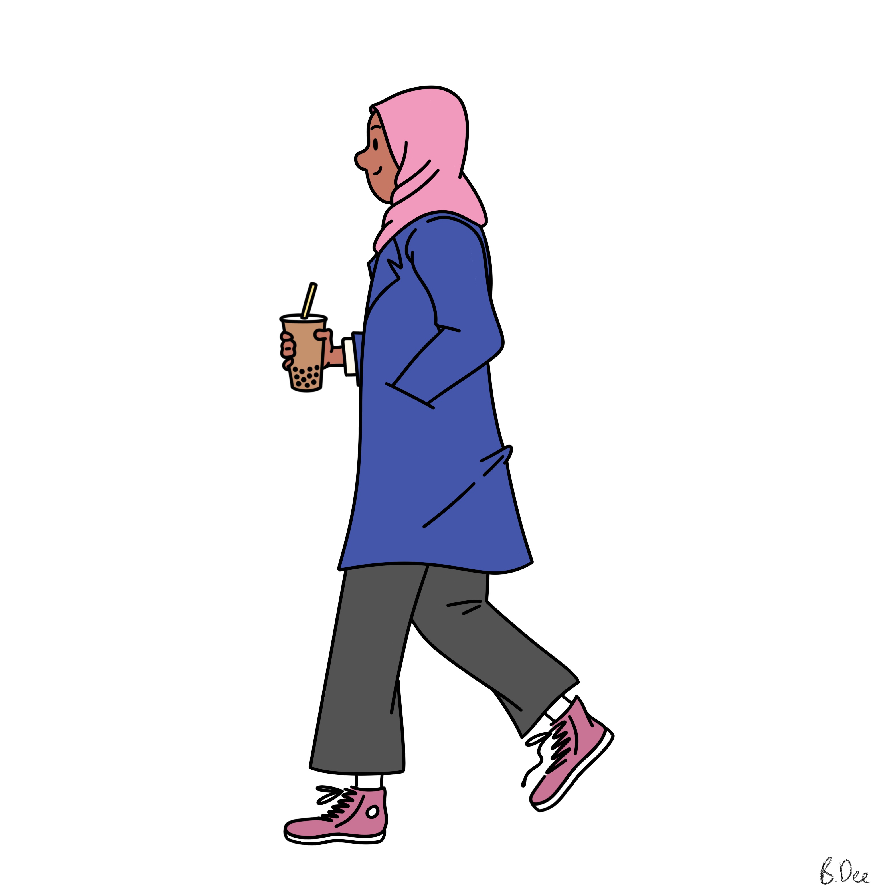 An illustration of a young woman walking with a bubble tea in hand