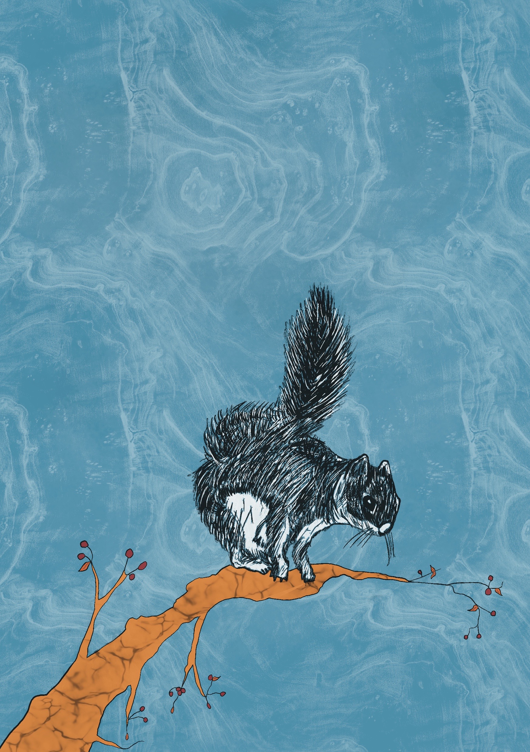 Another print, textures around a squirrel