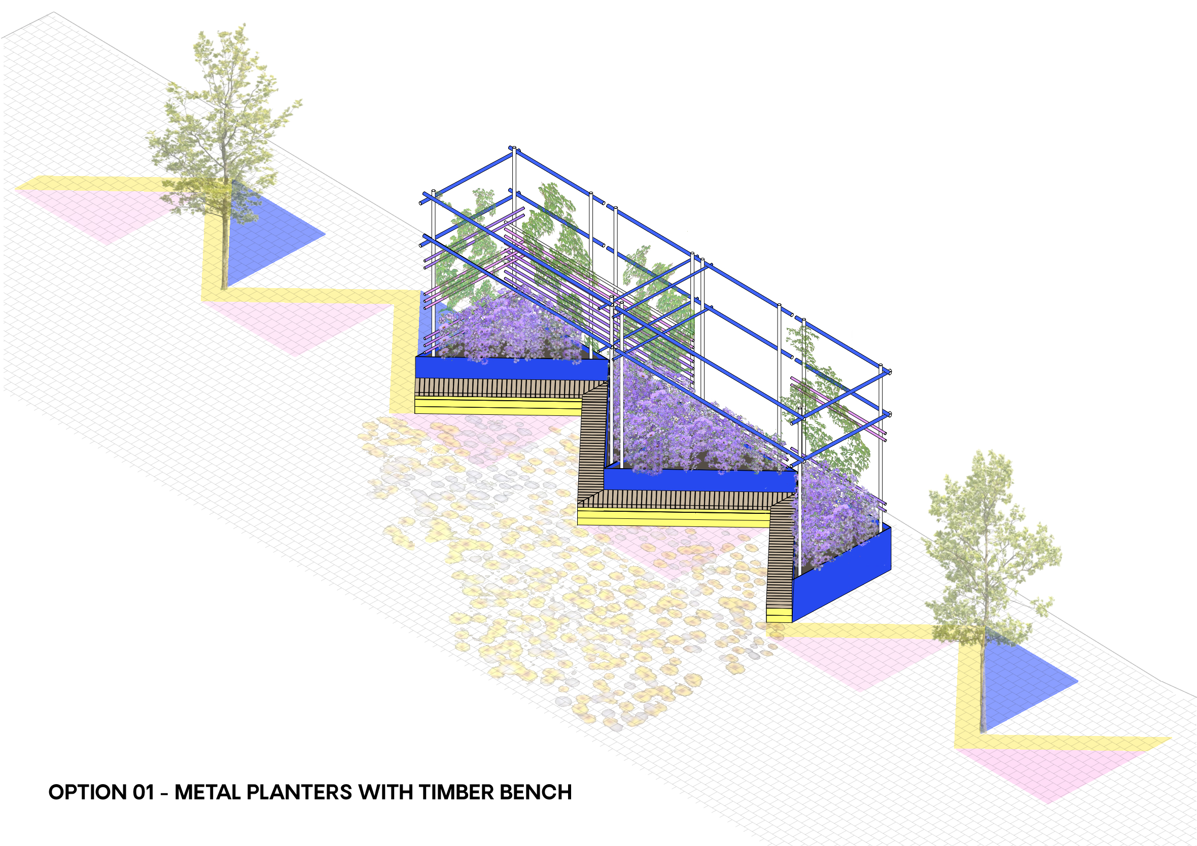 Axonometric drawing of Greening Cathays outdoor waiting room proposal
