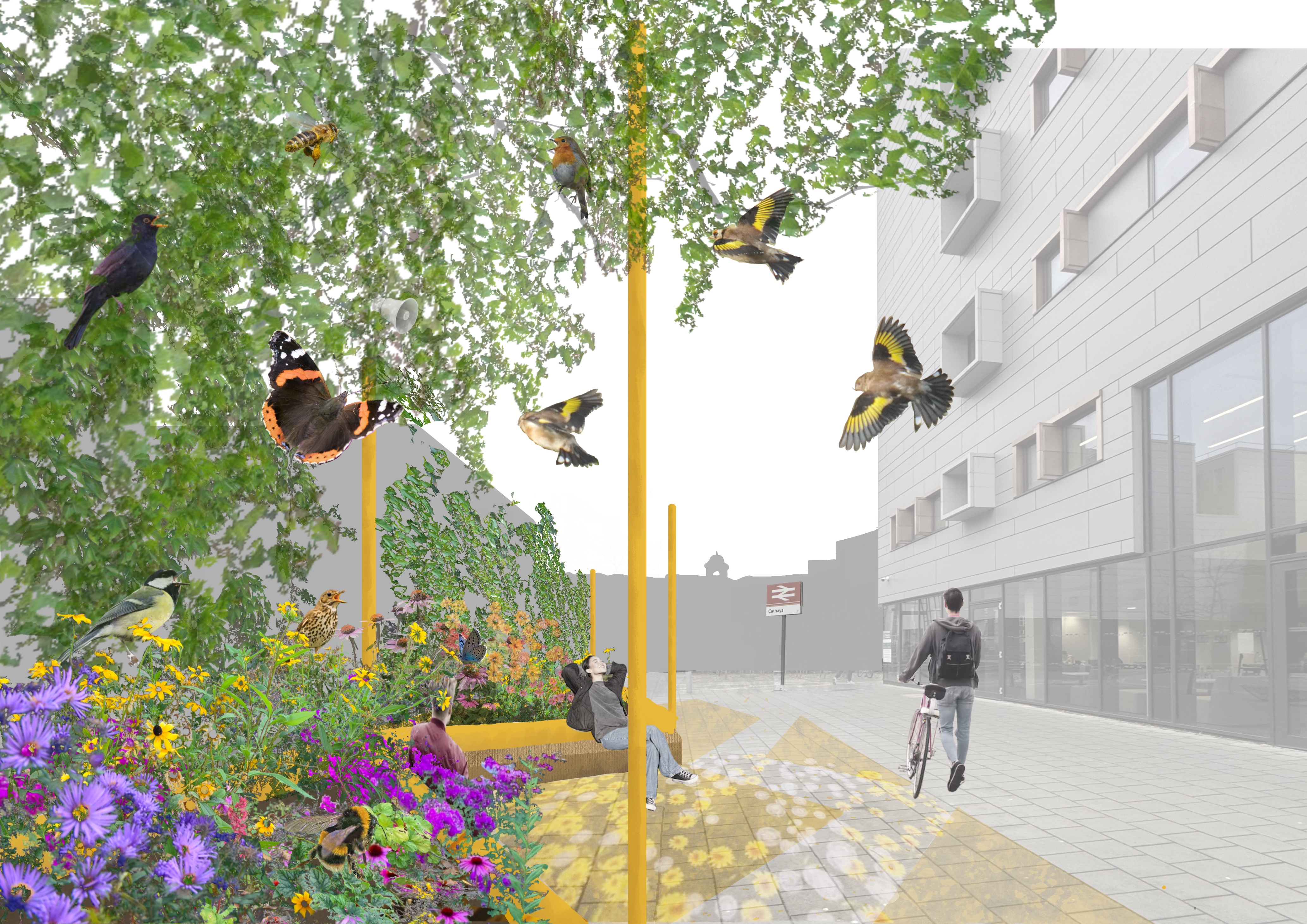 Vision collage for an outdoor waiting room where you feel immersed in nature.