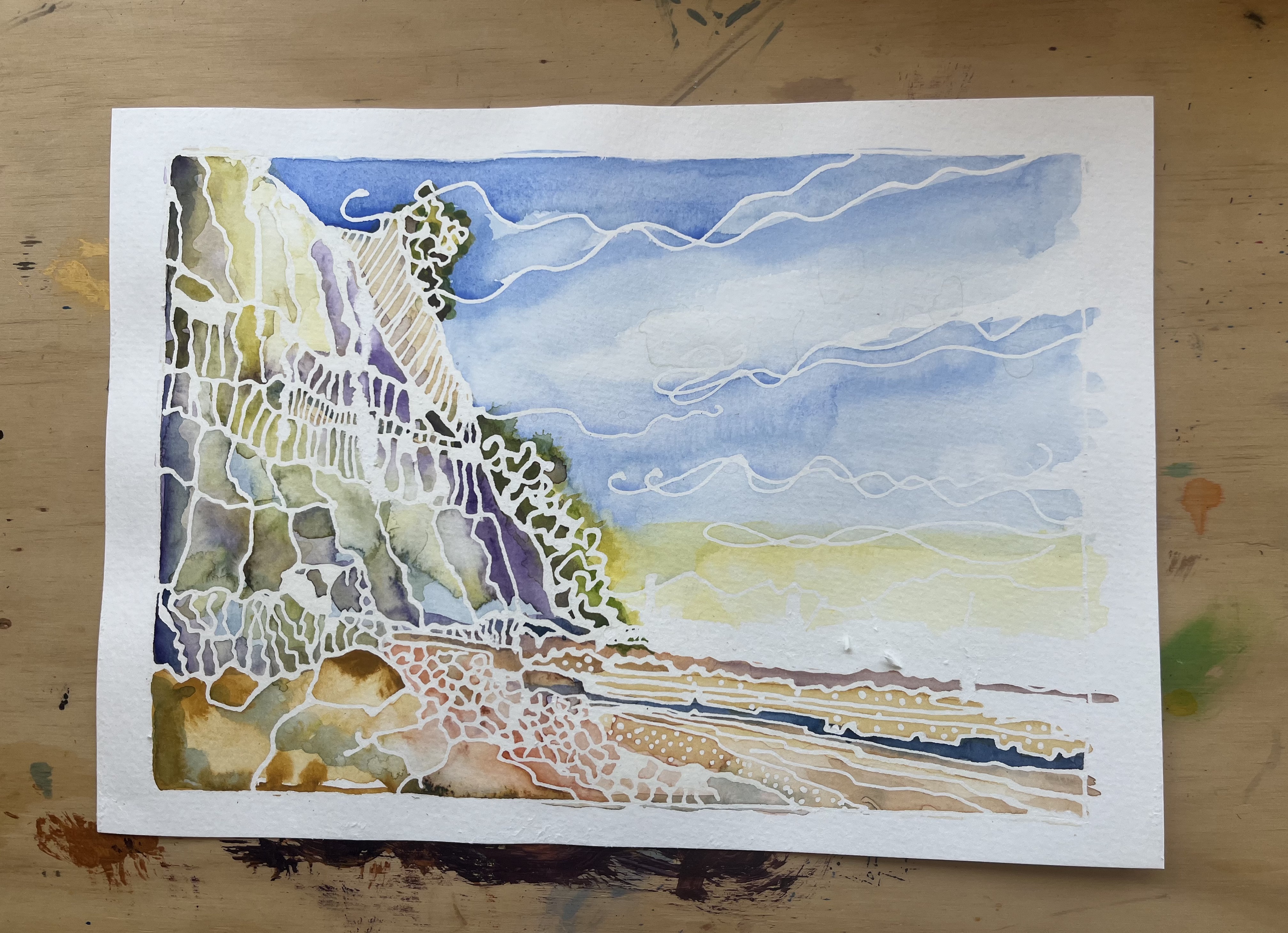 A4 landscape - view from Penarth to Cardiff Bay, watercolour and resist work