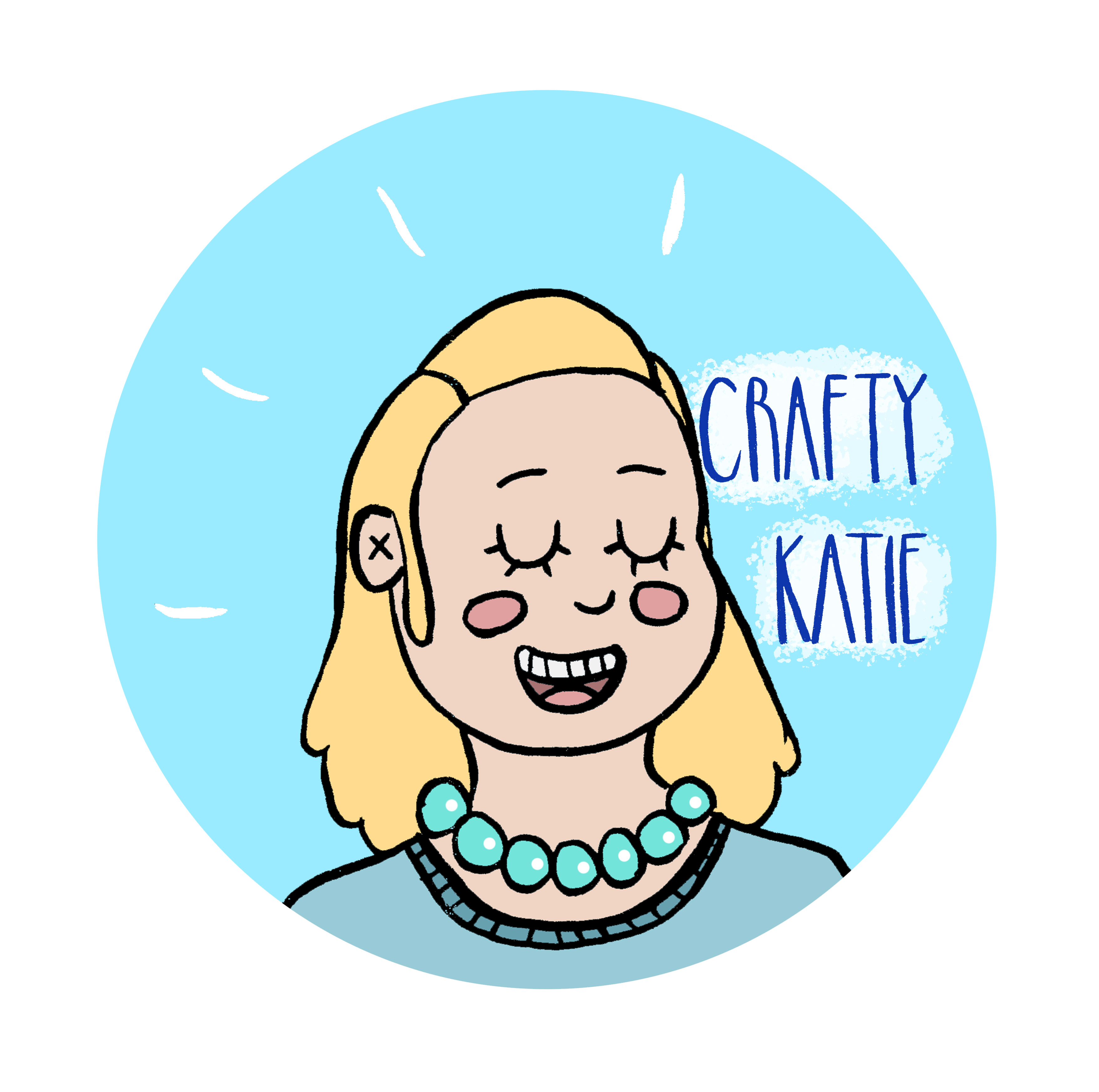Circular logo illustration featuring a smiling blonde woman wearing a turquoise beaded necklace against a light blue background, with ‘CRAFTY KATIE’ text in blue lettering