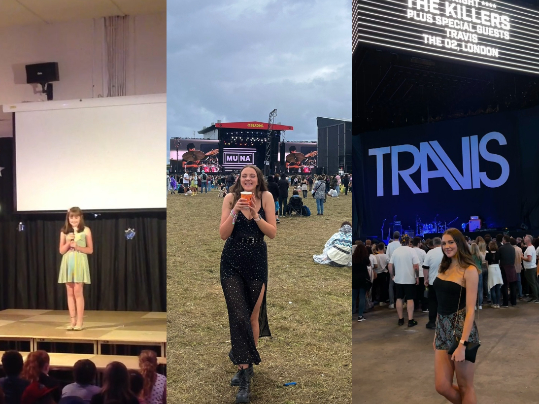 Collage of Katie singing on stage when she was younger and enjoying festivals and concerts