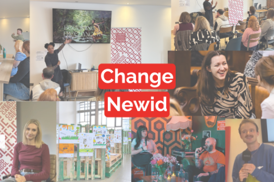 a collage of images of what the team has been up to in April with the words 'Change/Newid' in the centre