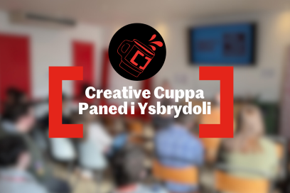 Blurred image of people sitting in a room with the Creative Cardiff creative cuppa logo in the middle
